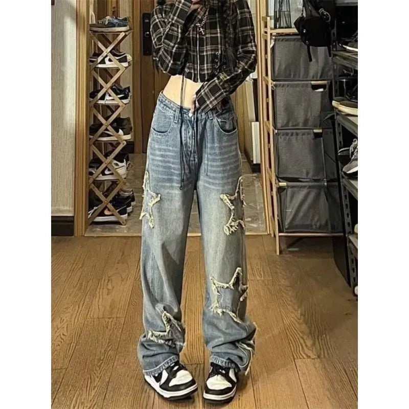 Blue cotton high-waist wide-leg denim trousers in straight cut style