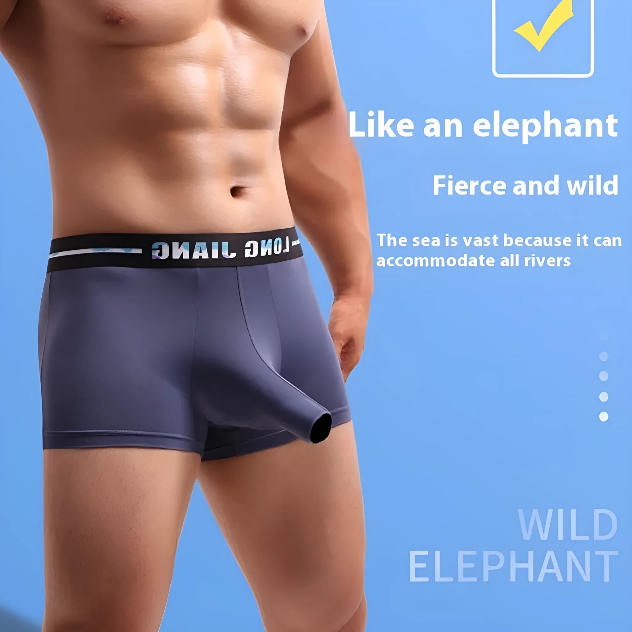 Men's ice silk boxer shorts in army green colour showing trunk open design and mid waist construction