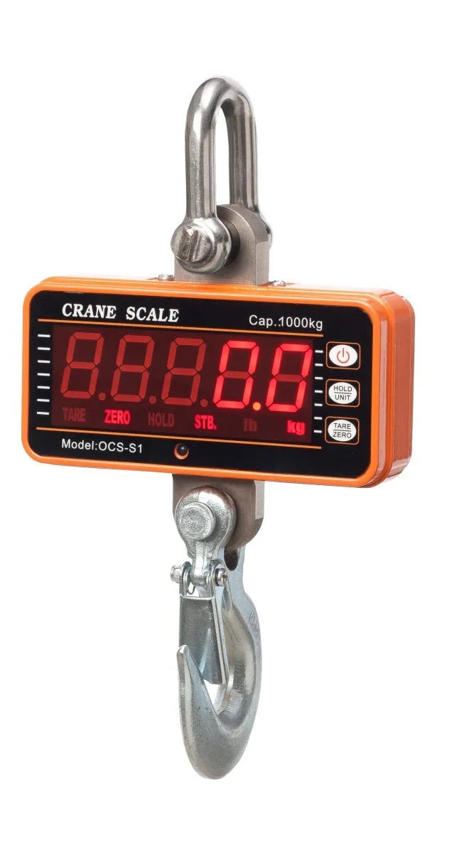 Orange electronic crane scale with digital display for 500 kg industrial weighing