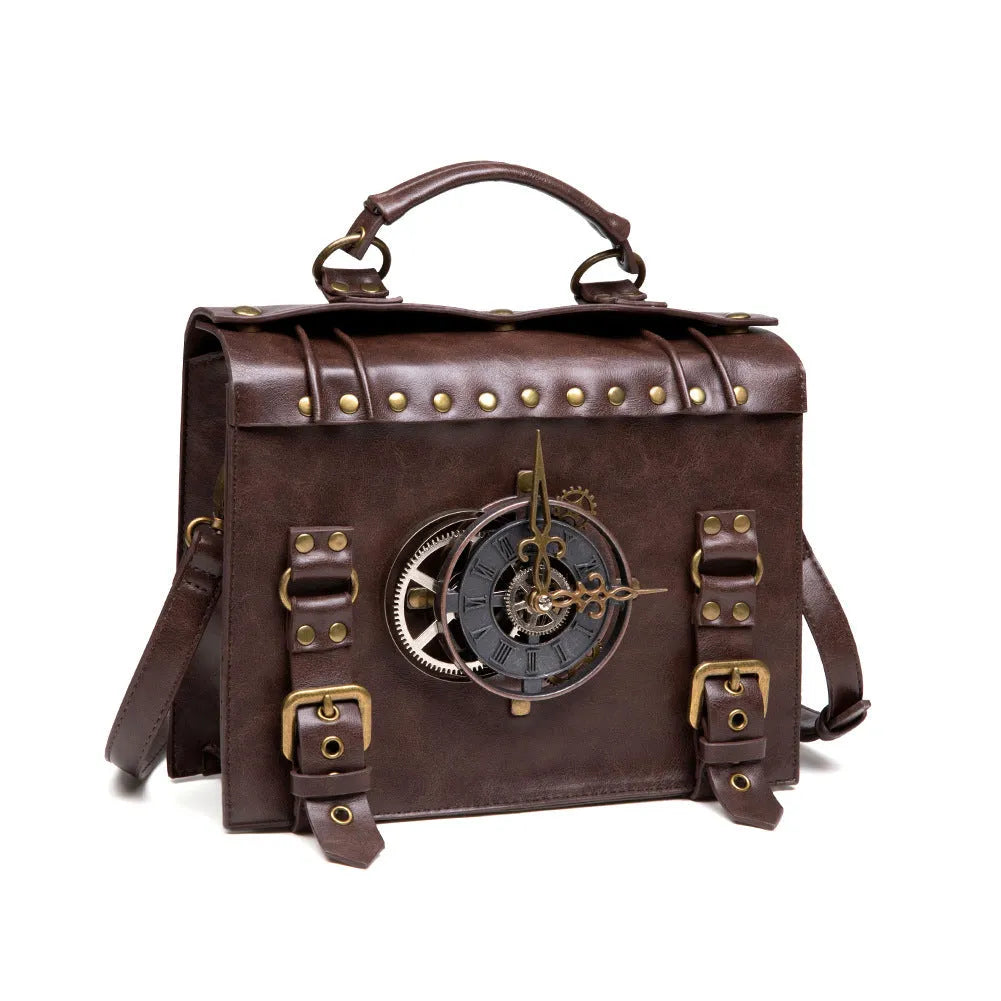 Bronze steampunk style shoulder bag with metal details and a soft pillow bag shape.