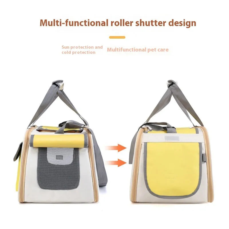 Foldable canvas pet carrier bag in black, green or yellow with single shoulder strap
