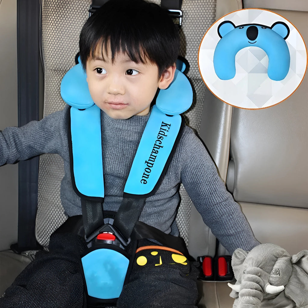 Portable child safety seat belt retainer in rose pink colour showing 33cm width dimensions