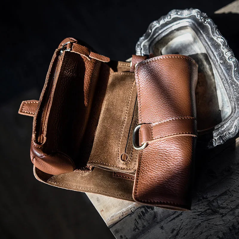 Handmade cow leather vintage wallet showing tape extraction closure and solid colour finish