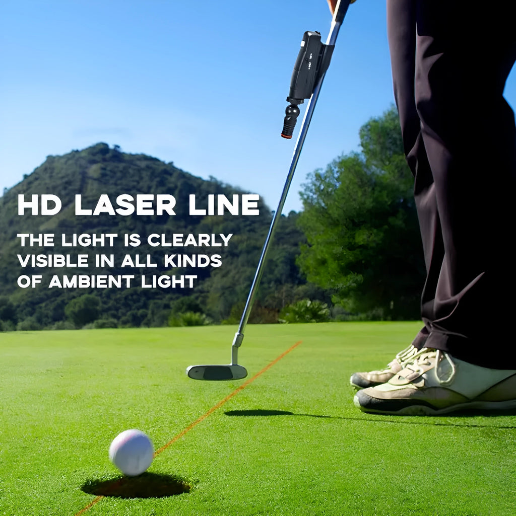Black golf putter laser aiming instrument attached to putter shaft for alignment training