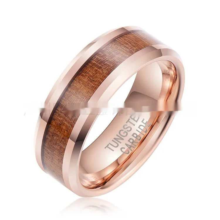 Men's 8mm wide U-shaped tungsten ring in rose gold finish on a grey background.