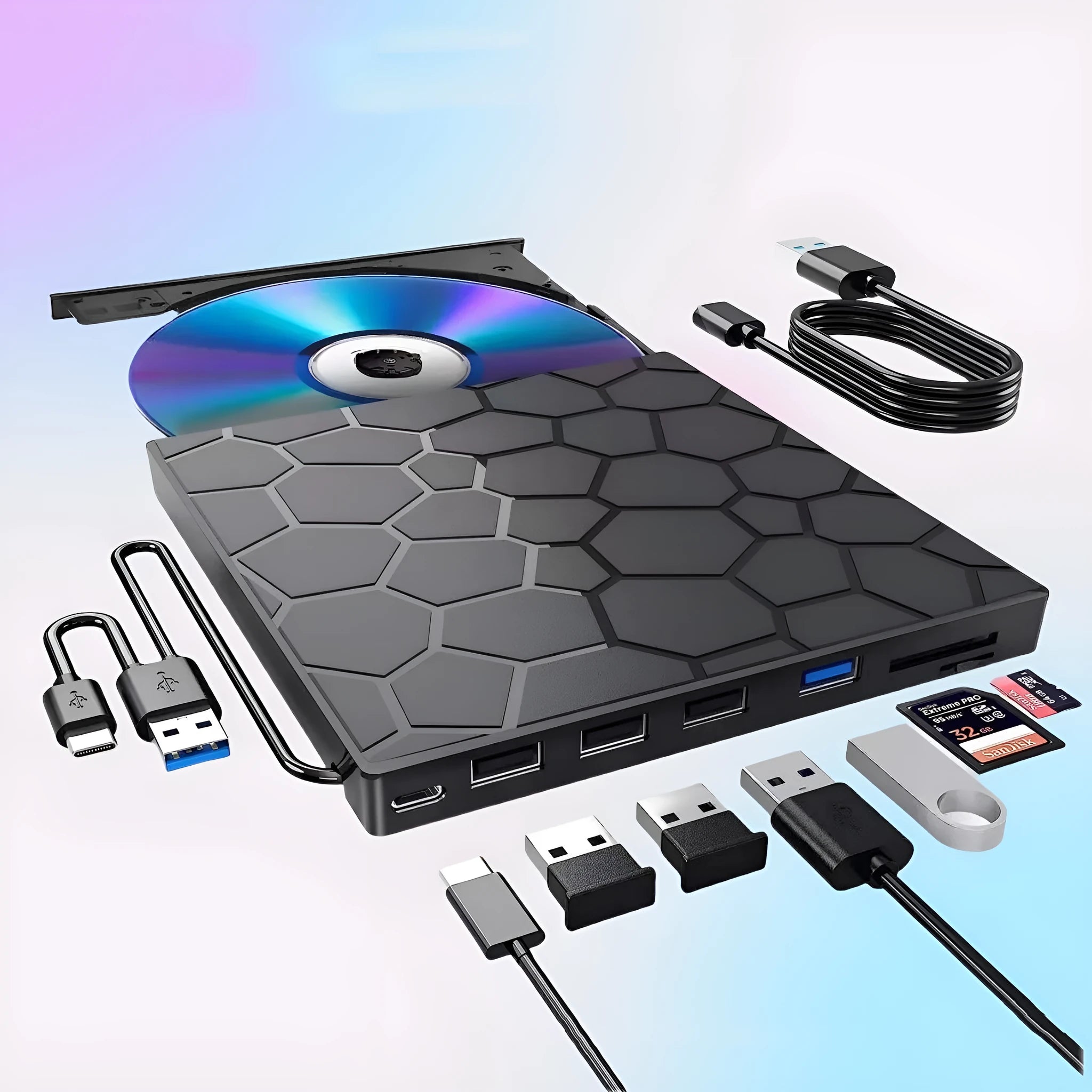 Black external USB CD/DVD drive with compact rectangular design for laptop and desktop computers