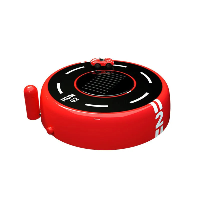 Round modern car model air freshener decoration in black, with solar panel and USB port.