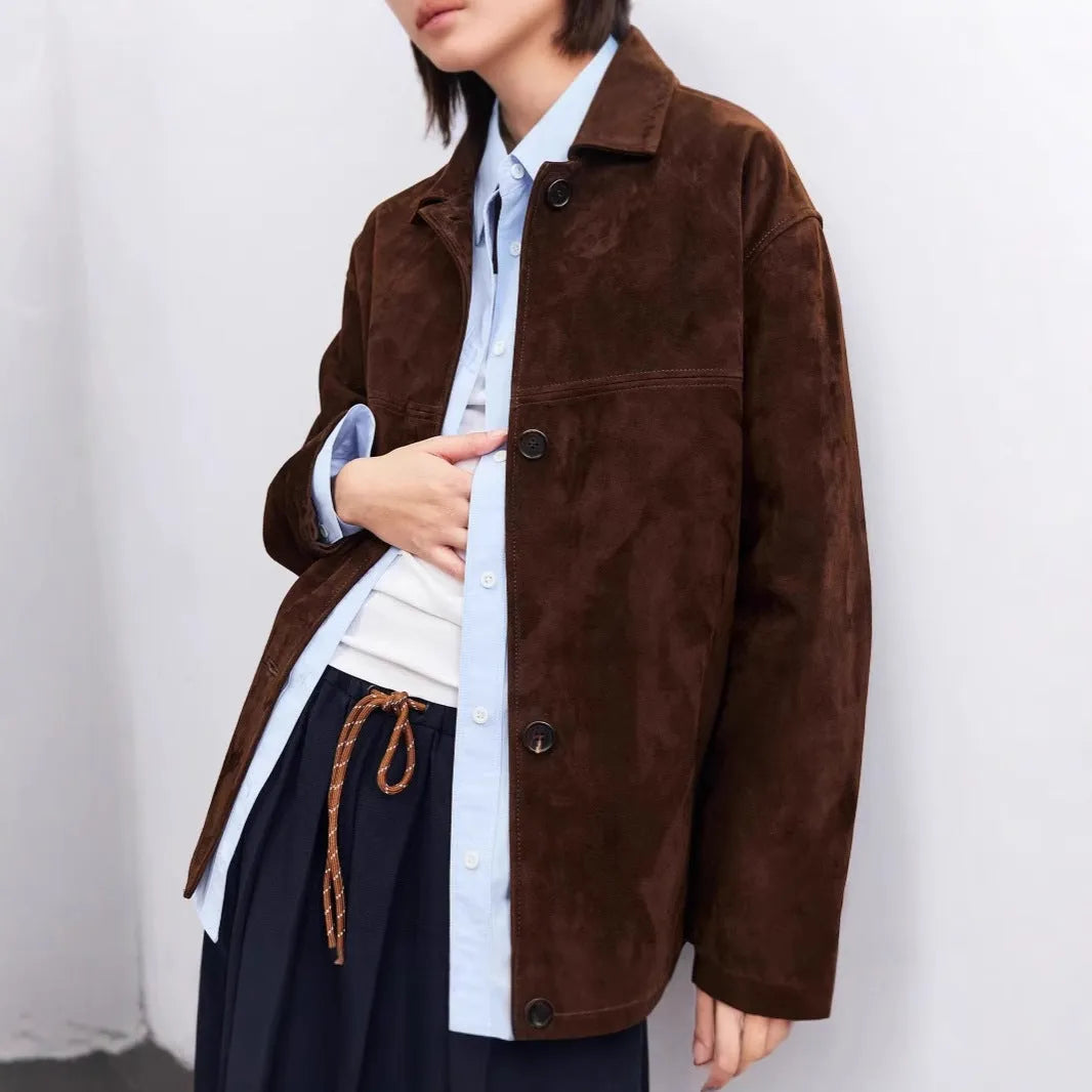 Women's retro style cashmere coat with Peter Pan collar and leather belt in caramel mocha colour