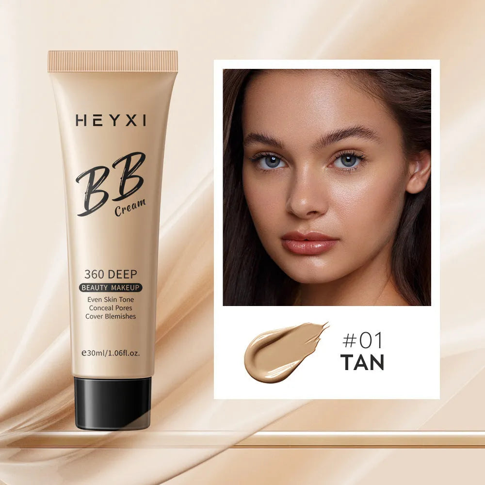 Waterproof BB cream bottle showing four colour shade options for universal skin types