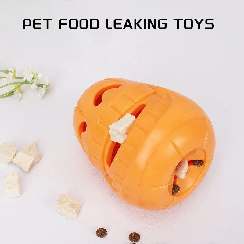 Halloween pumpkin shaped interactive dog chew toy with treat-dispensing funnel design
