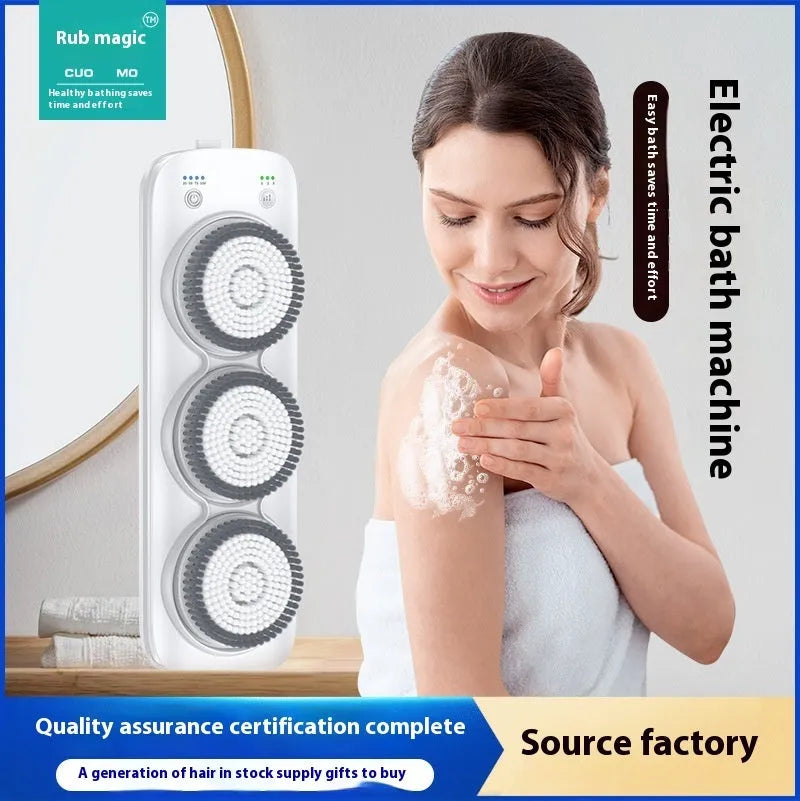 Gray electric bath rubbing machine wall-mounted with three nylon brush heads and washboard