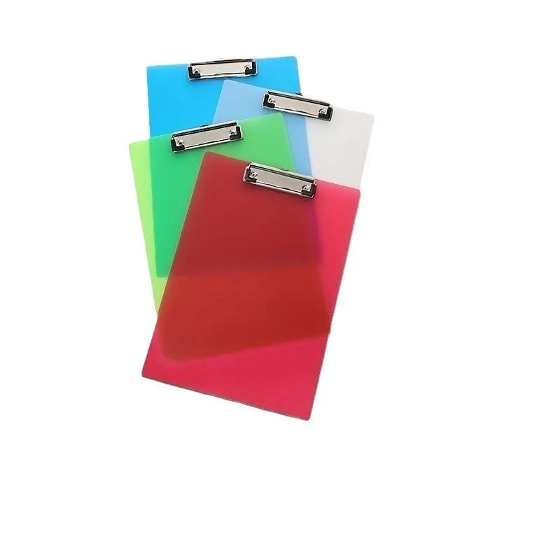 Transparent A4 plate holder with metal clip in blue, green, red, and white colour options