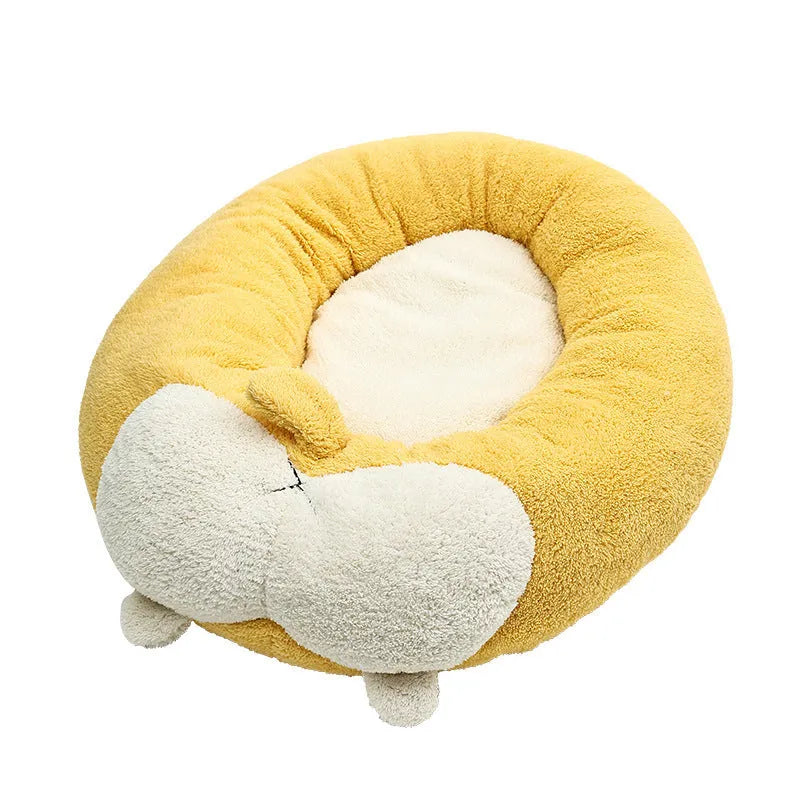 Corgi shaped plush pet bed for dogs and cats in three size options