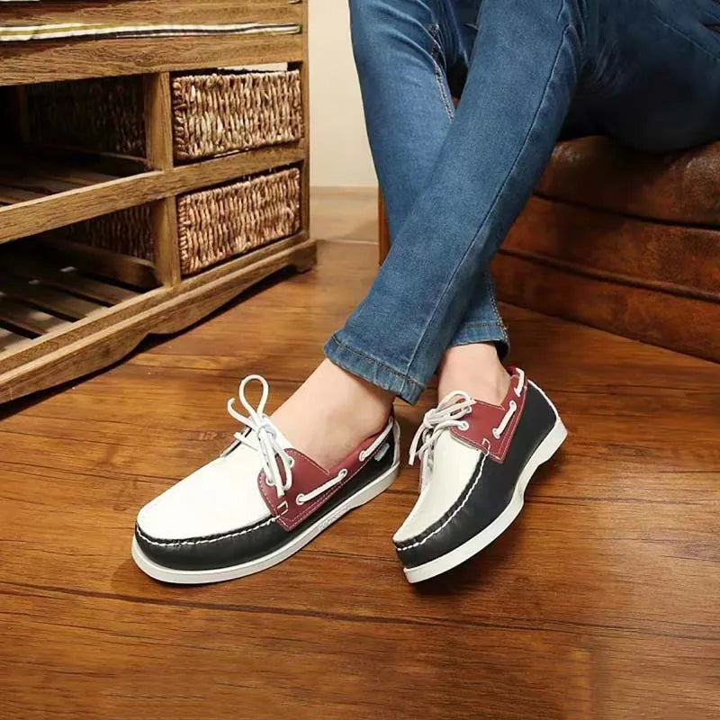 Men's British style casual shoes in artificial PU with round toe and flat heel, shown in solid colour options.