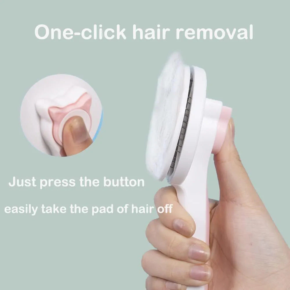 Blue self-cleaning cat grooming brush with rubber-tipped needles and a non-slip handle.