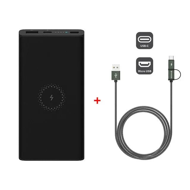 Black and white 10000 mAh power bank with USB Type-C port and wireless charging surface.