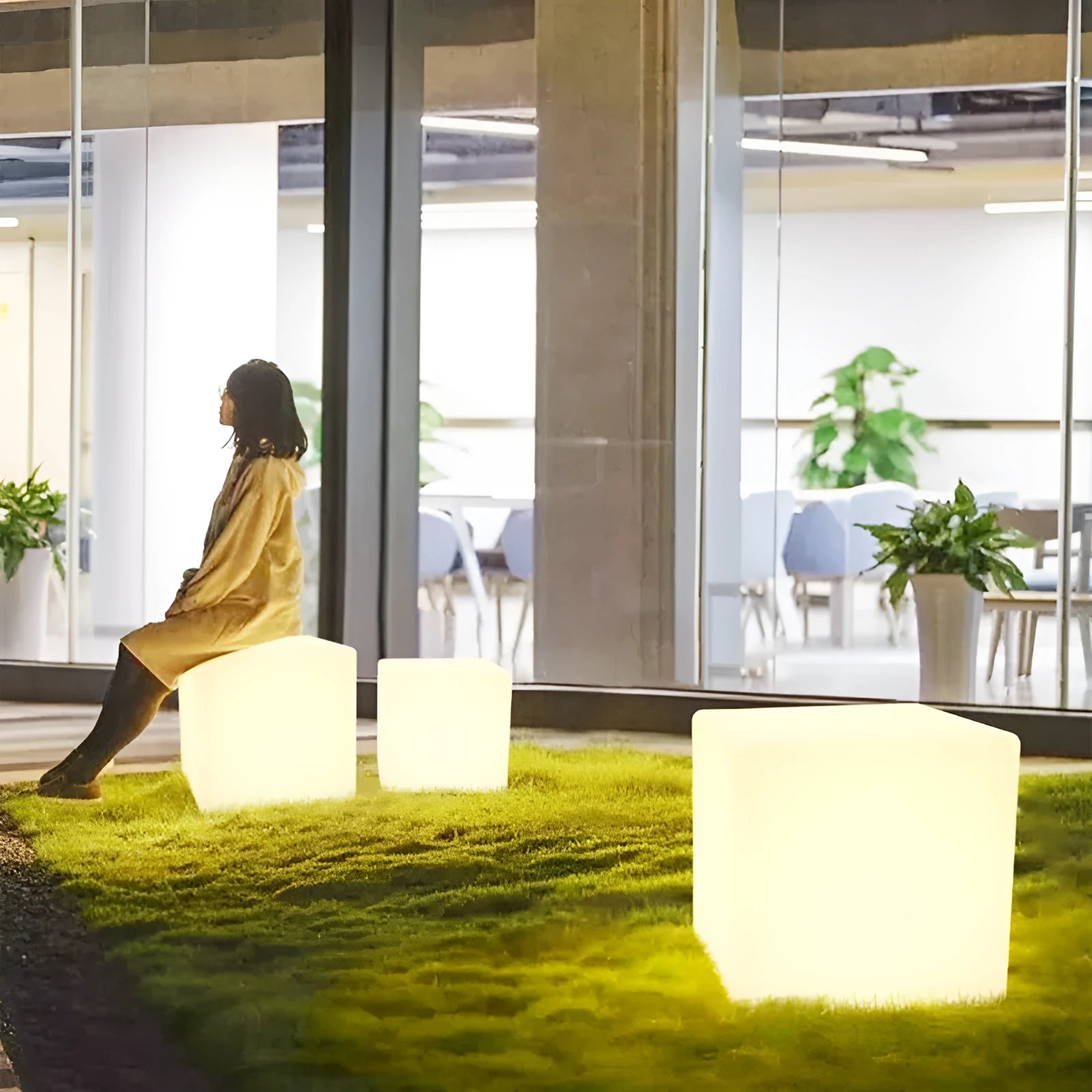 Modern square LED cube stool light for outdoor gardens and patios with waterproof IP65 rating