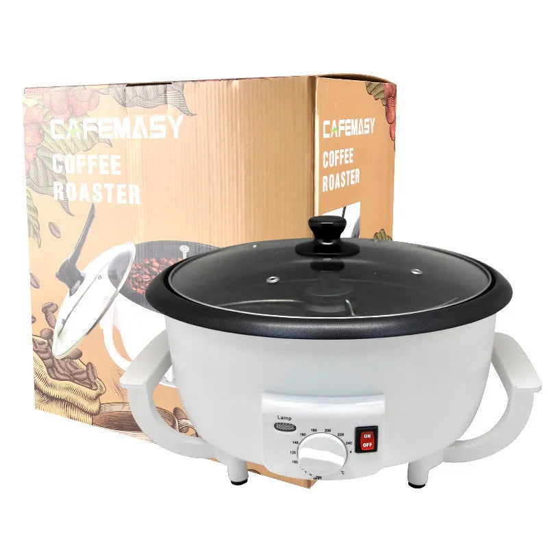 White oblate home coffee bean roasting machine with 750g capacity.