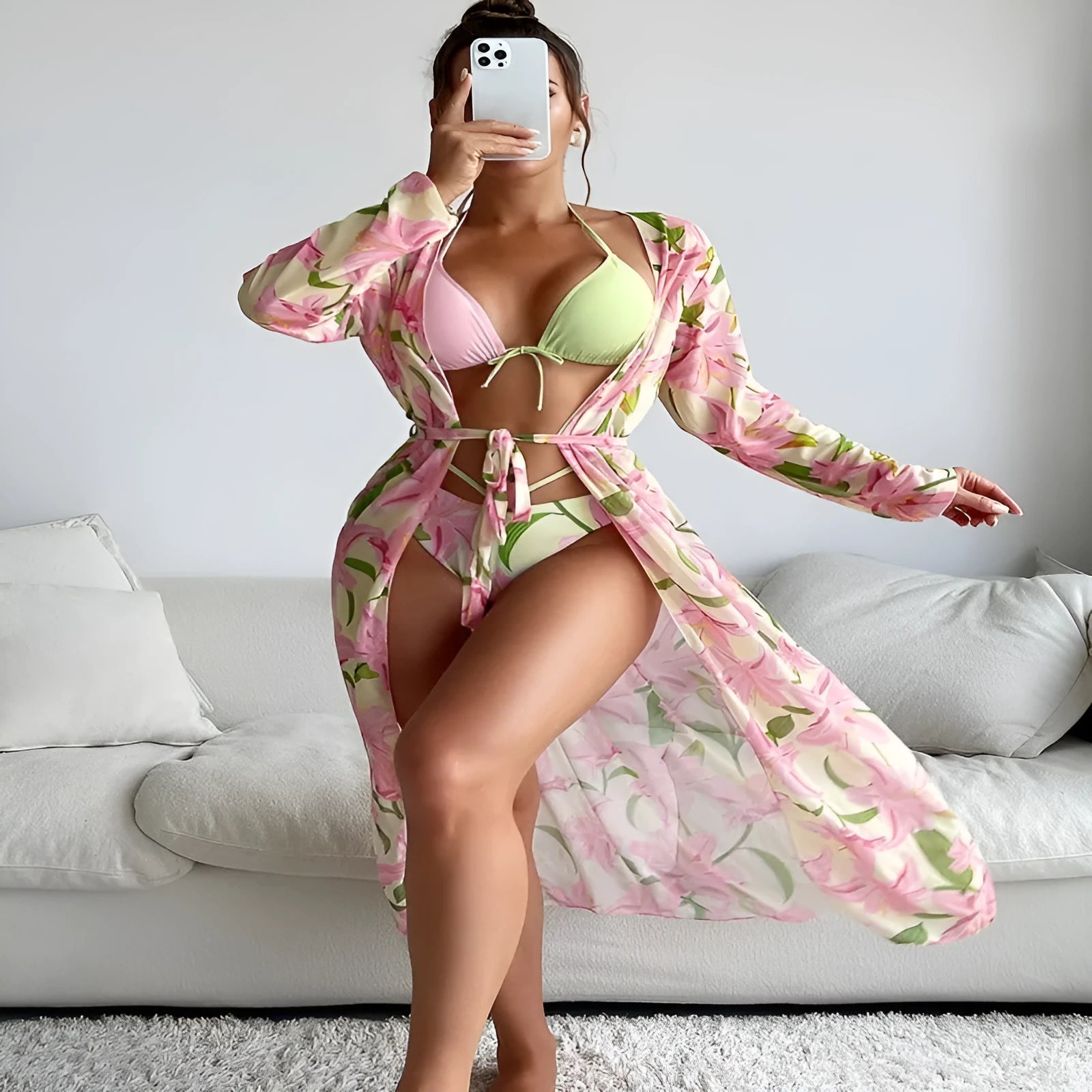 Women's printed two-piece bikini swimsuit on a mannequin