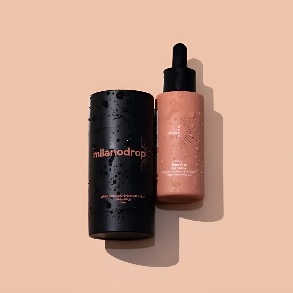 Matte sun tanning black liquid kit showing 50ml tanning drops and 75ml tanning flash cream bottles