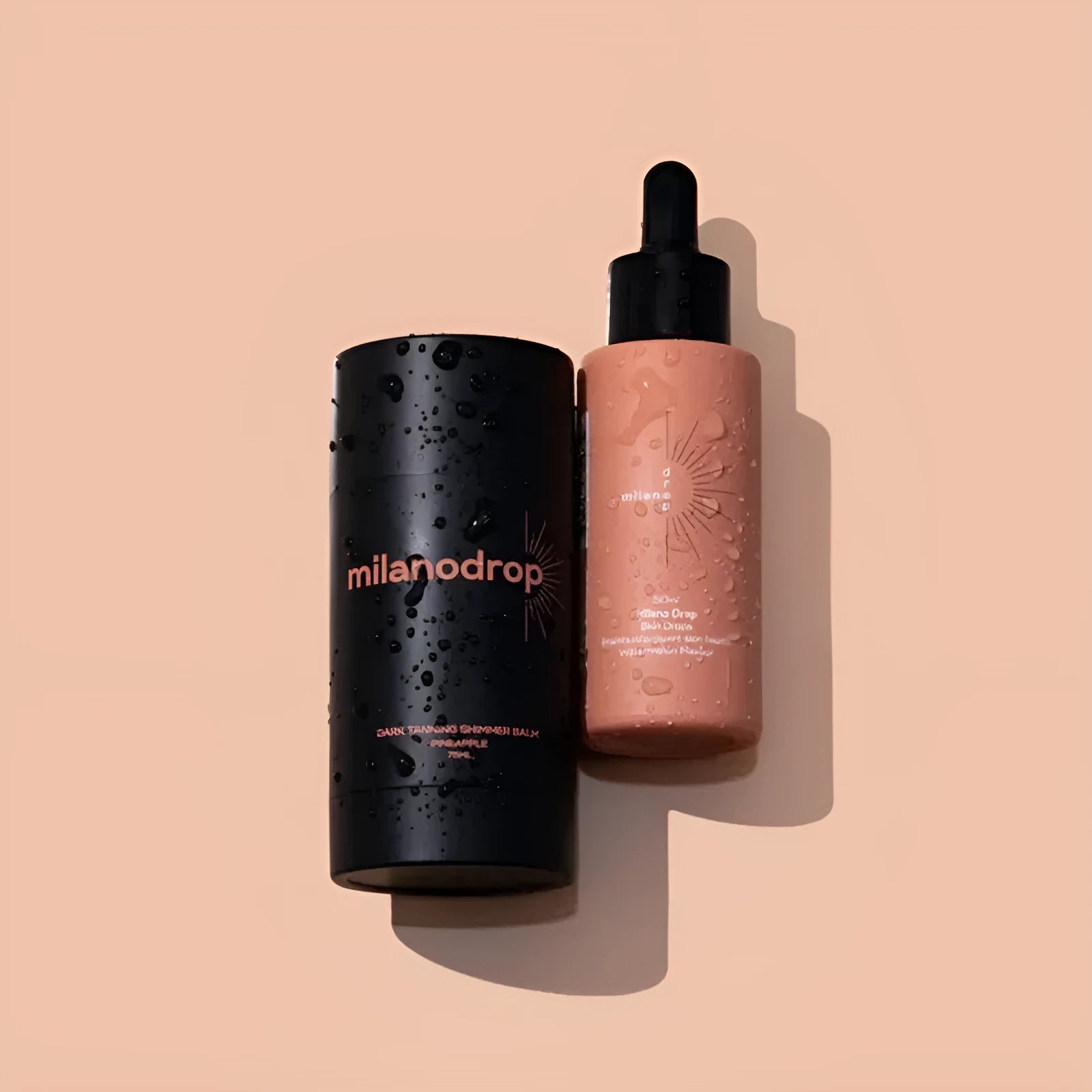Matte sun tanning black liquid kit showing 50ml tanning drops and 75ml tanning flash cream bottles