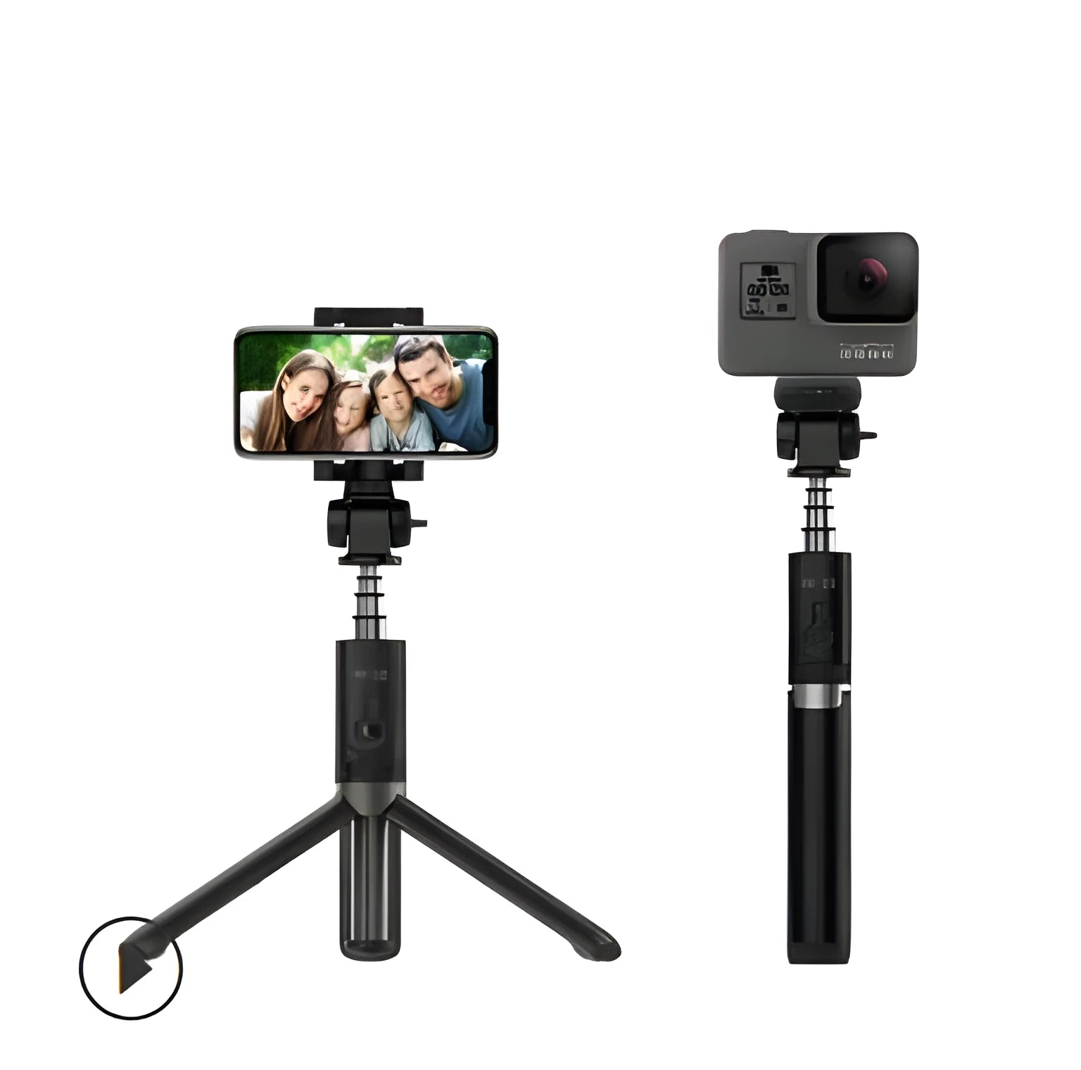 Black Bluetooth selfie stick with tripod bracket extended showing phone clamp and remote control