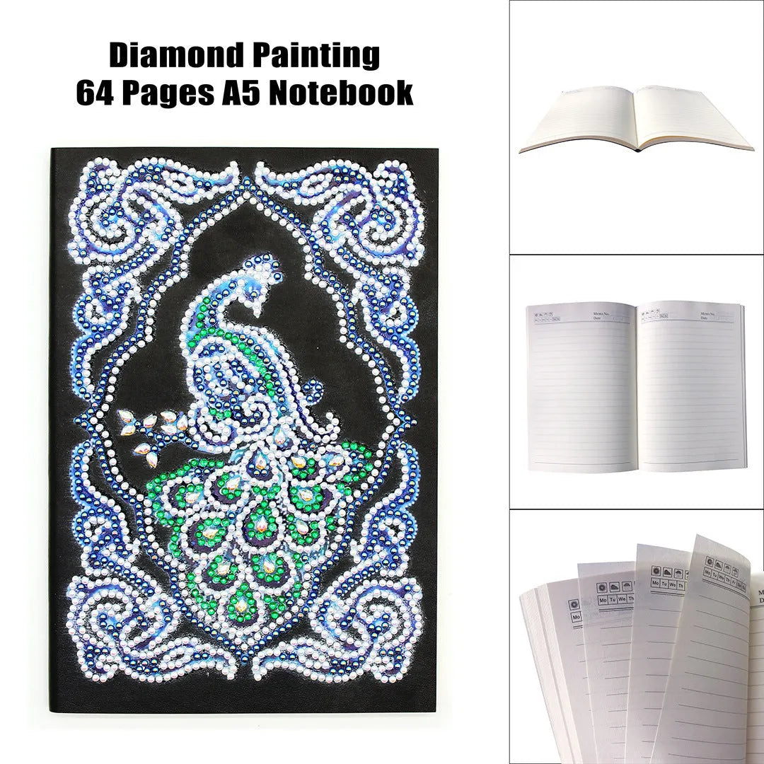 Black A5 diamond painting notebook with peacock design and rhinestone drills