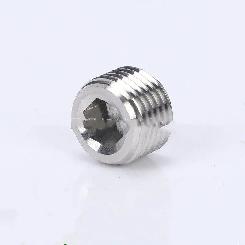 Stainless steel hexagon head pipe plug with a 3/8 inch BSP female thread.