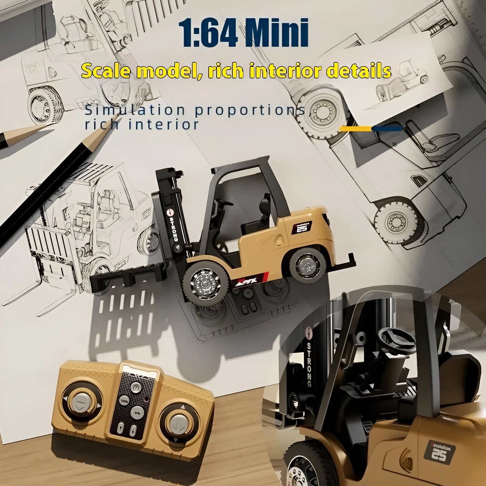 1:64 scale alloy remote control forklift with Bluetooth operation, cargo hook, and loading accessories