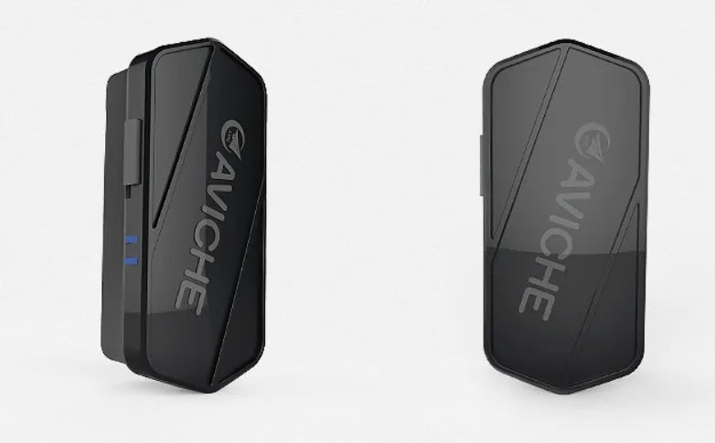 Black wearable personal air purifier necklace showing front and side views.