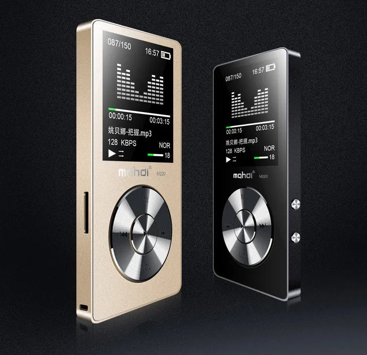Gold, silver, and black all-metal MP3 player with 1.8-inch screen showing music menu.