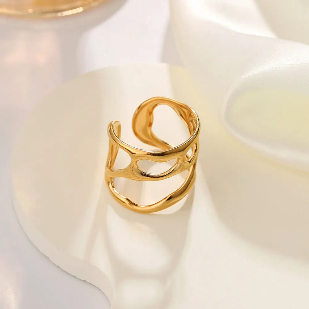 Stainless steel open adjustable geometric ring J1064 with electroplated golden finish and hollow linear design