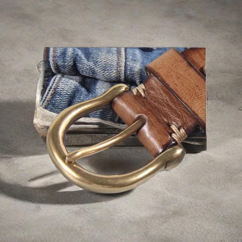 Men's genuine cowhide leather belt with copper pin buckle in black, brown, or khaki.
