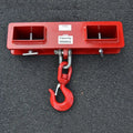 Iron forklift rotating drum hook with safety lock, showing the adjustable fork mounting bracket.