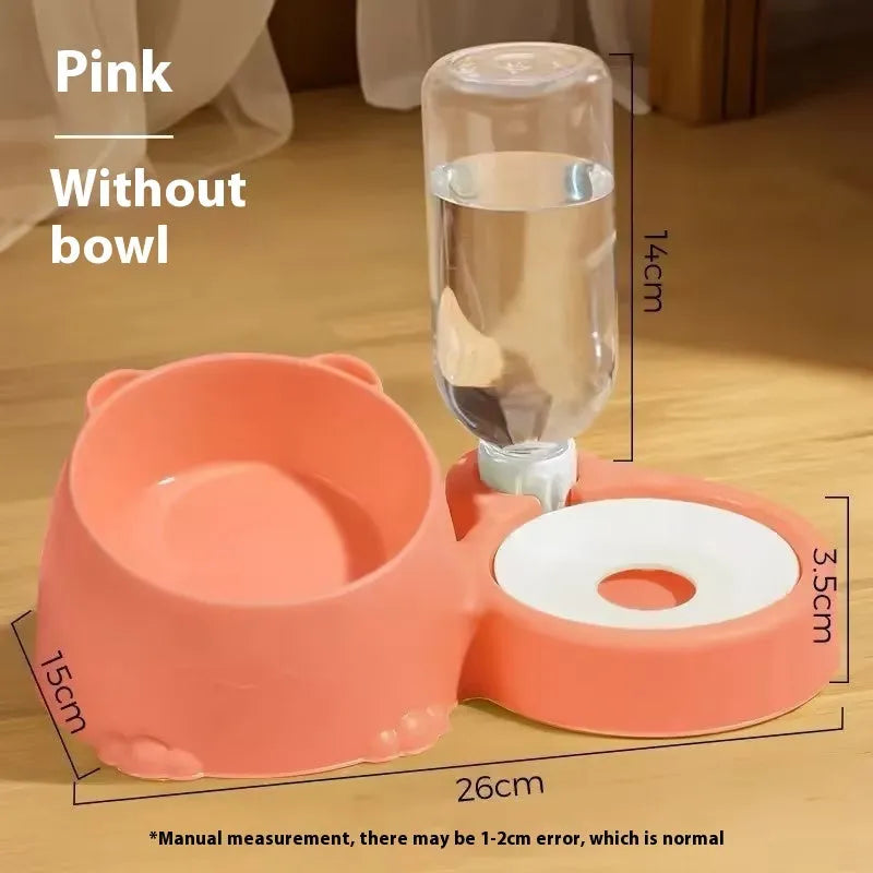 Automatic drinking pet fountain with two plastic food bowls in haze blue colour