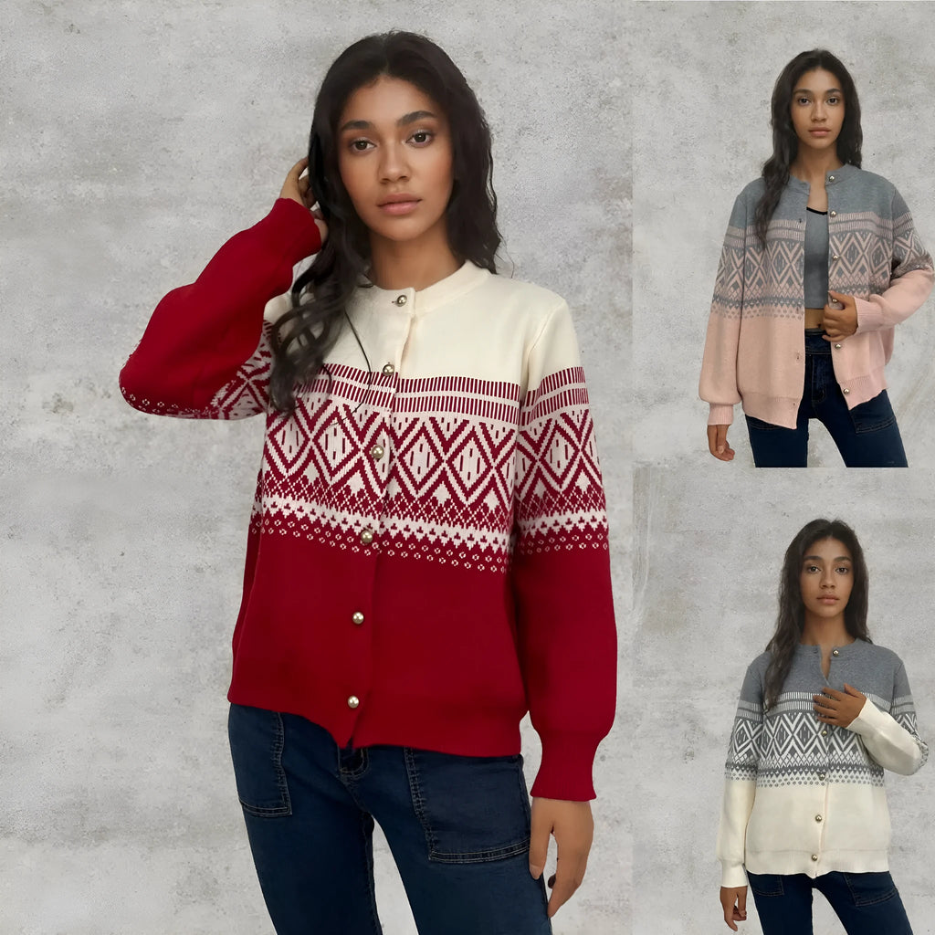 Women's grey alpaca wool cardigan with pink diamond pattern long sleeves