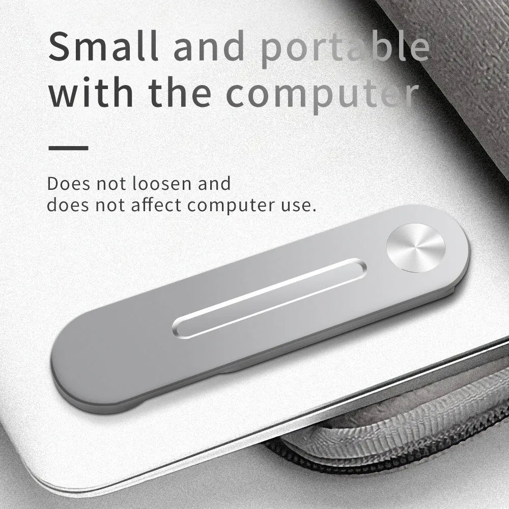 Silver aluminium laptop side mount bracket holding a tablet next to a laptop screen