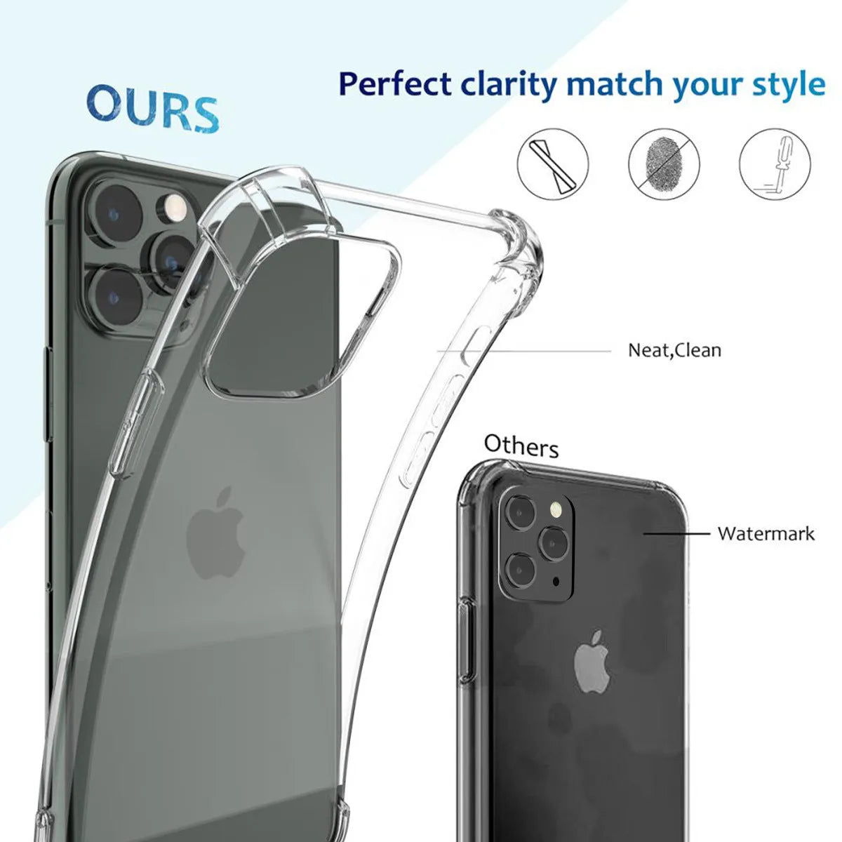 Clear transparent shockproof TPU back cover case for Apple iPhone on a table.