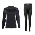 Skiing quick-dry base layer set top and trousers in black, front view on model