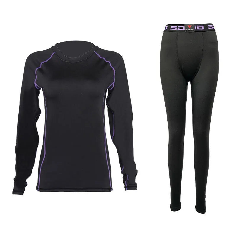 Skiing quick-dry base layer set top and trousers in black, front view on model