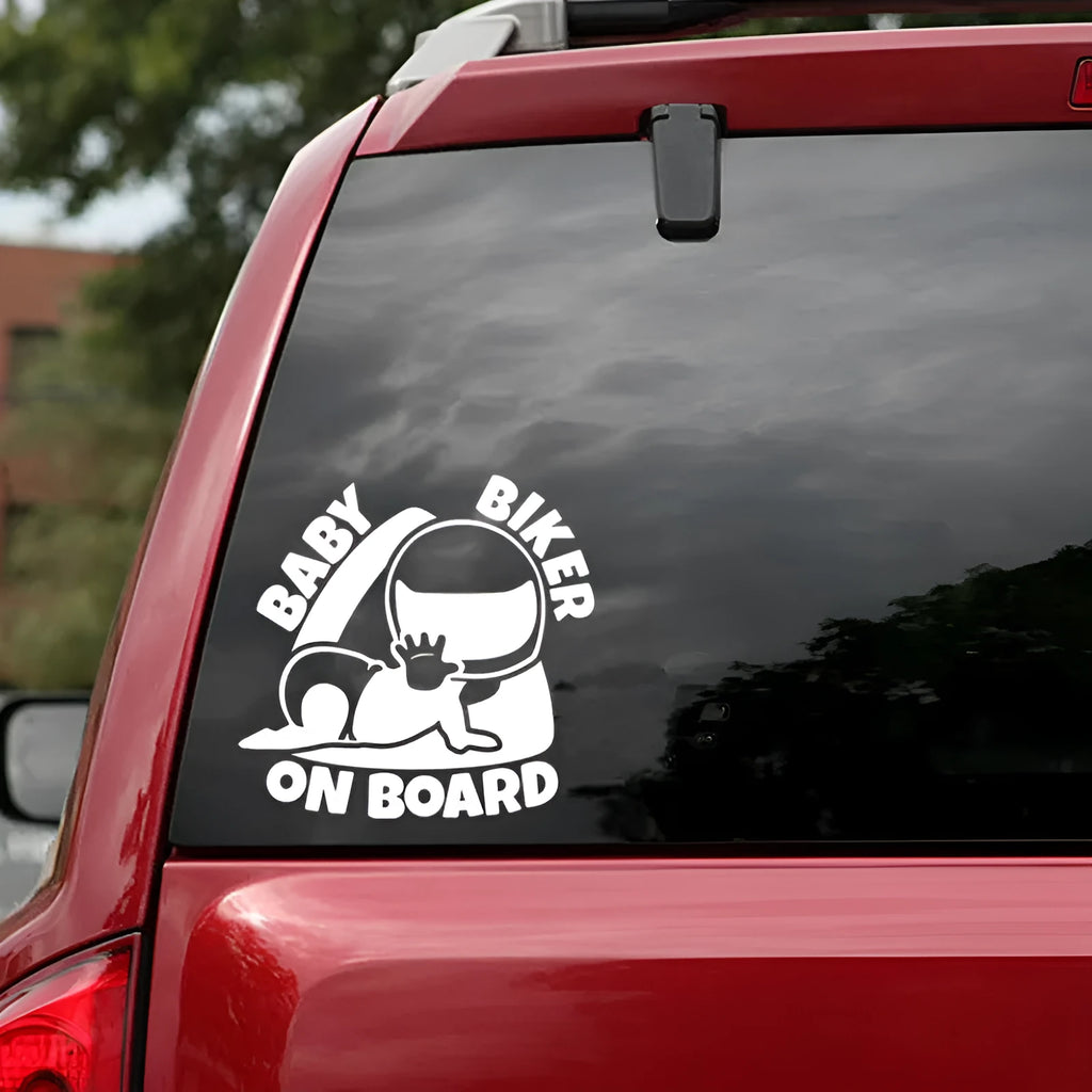 Black and white reflective BABY ON BOARD car sticker measuring 14.5 by 15 cm