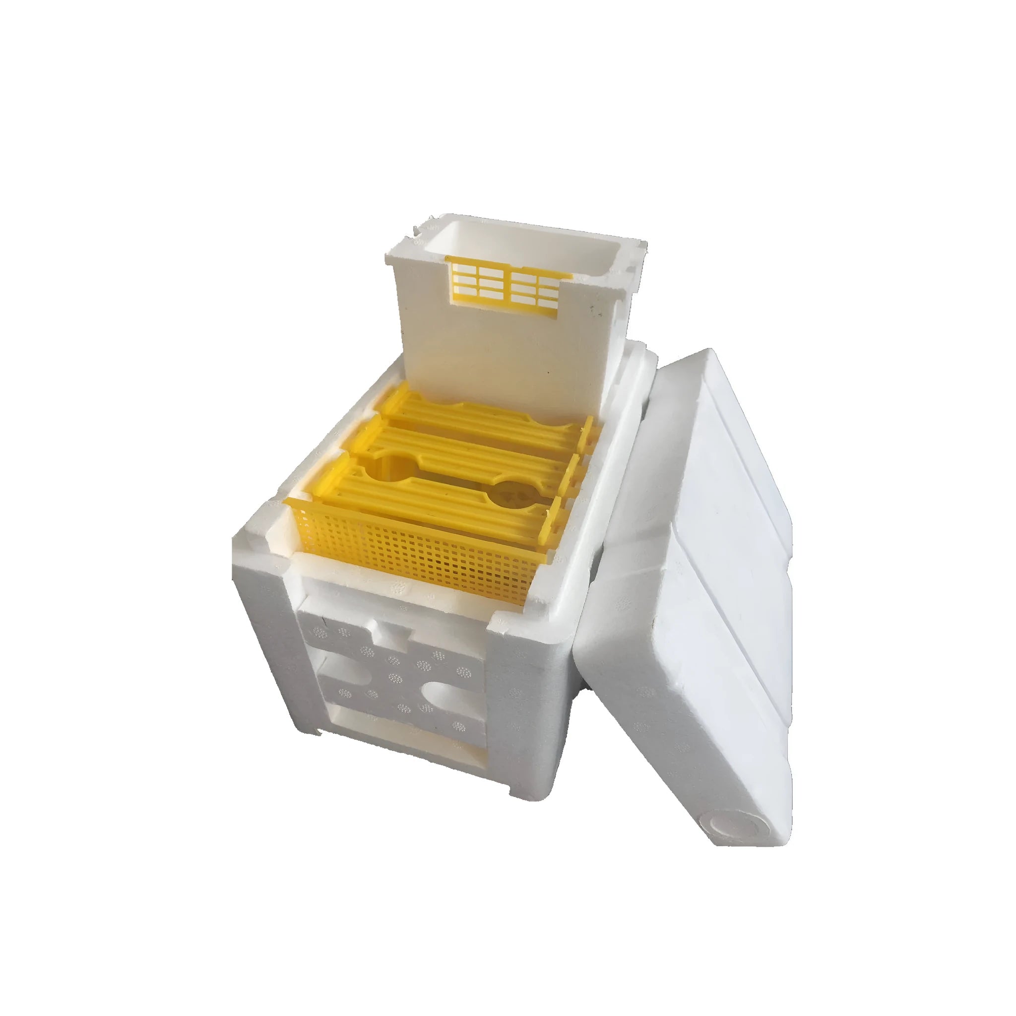 Three white EPS foam bee delivery boxes for beehive transport and colony management