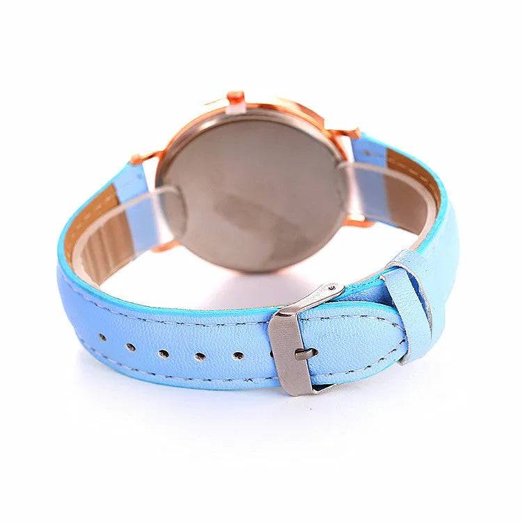 Women's quartz wristwatch round dial 28mm thin case beige strap on white background