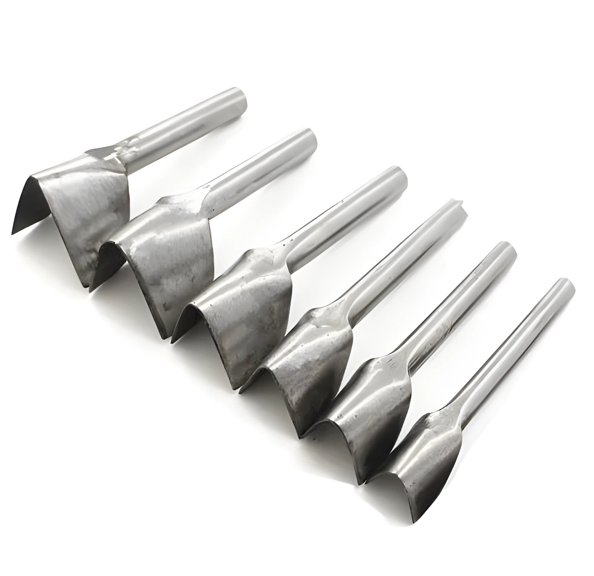 Set of six steel leather punch tools in half round and V shapes ranging from 15mm to 40mm sizes