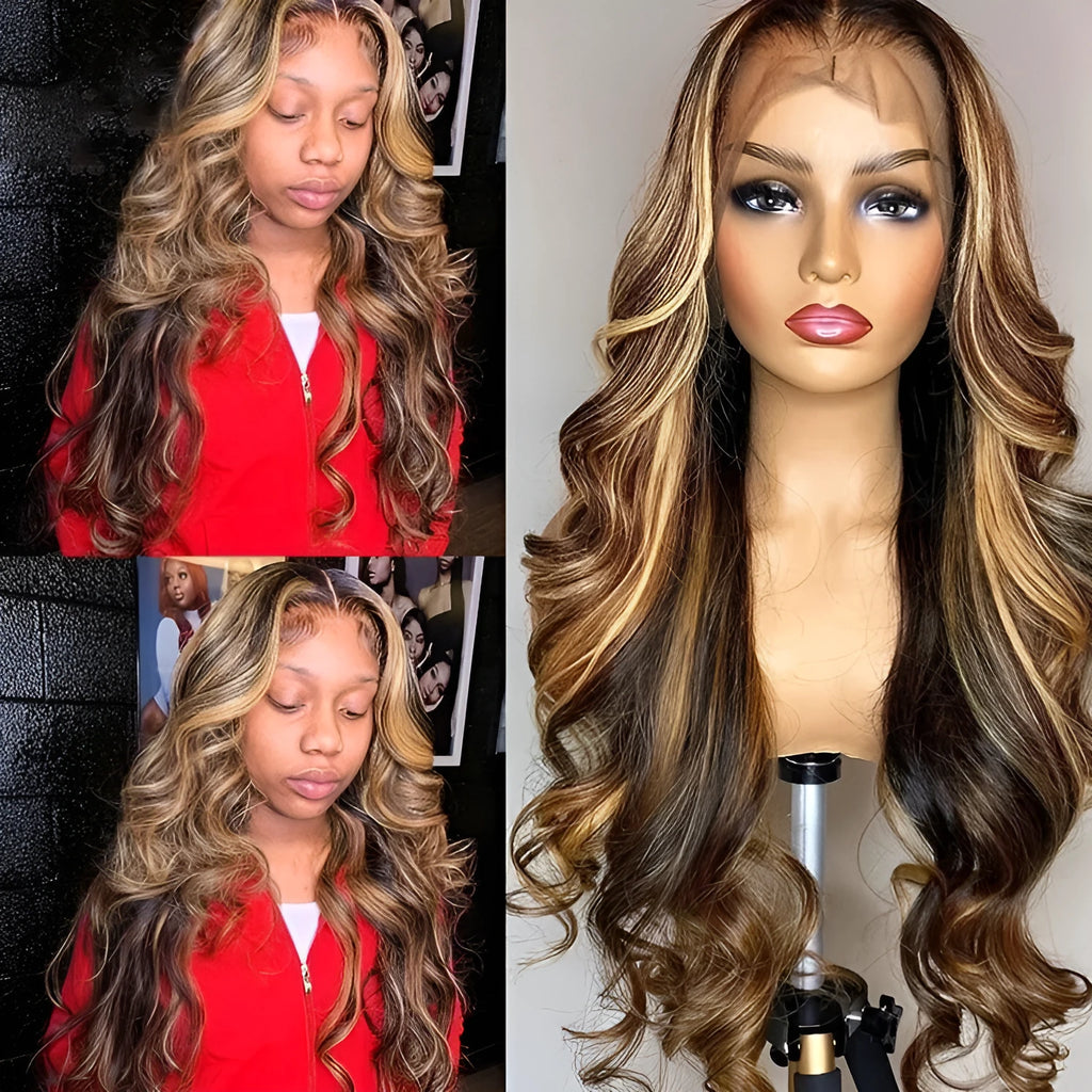 Front lace wig with 134 gradient long curly synthetic hair and side bangs.