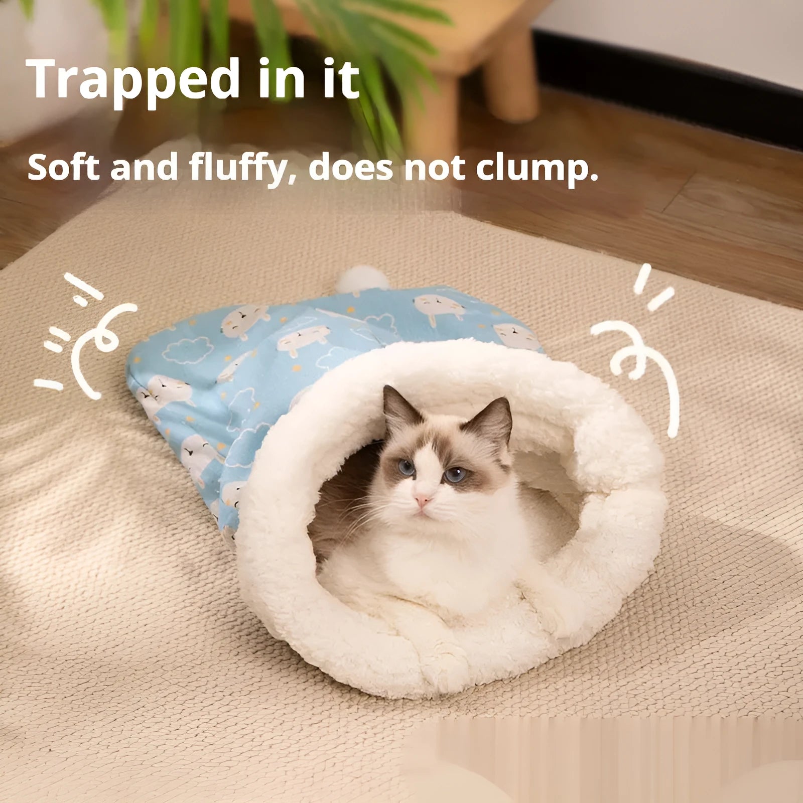 Flannel cat sleeping bag nest in blue rabbit pattern, shown next to pink and striped options.