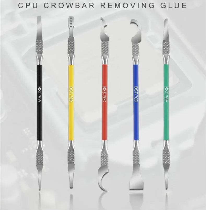 Five-piece plastic tool knife remover set with stainless steel blades for component disassembly