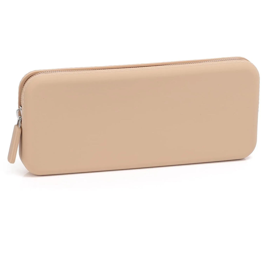 Silicone dustproof makeup brush storage bag in khaki colour, showing compact size for cosmetic organisation.