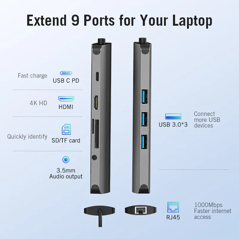 Deep grey USB-C hub with HDMI, USB 3.0, Ethernet and card reader ports showing aluminium alloy construction