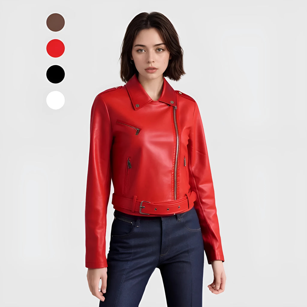 Women's black PU leather motorcycle-style jacket with lapel collar and waist belt on a hanger.